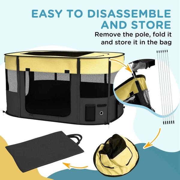 Foldable dog playpen with storage bag and removable panels for easy setup