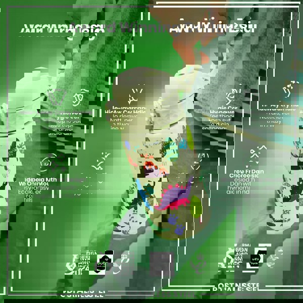 A child's water bottle, being held, features a dinosaur design; it has a hide-away handle and a wide mouth for easy cleaning. The bottle is an award-winning design.