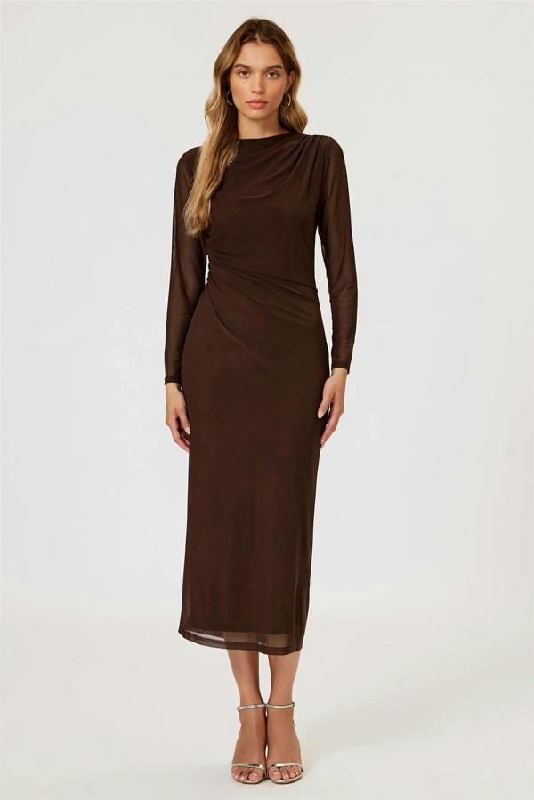 FS Collection Long Sleeves Mesh Midi Dress In Brown