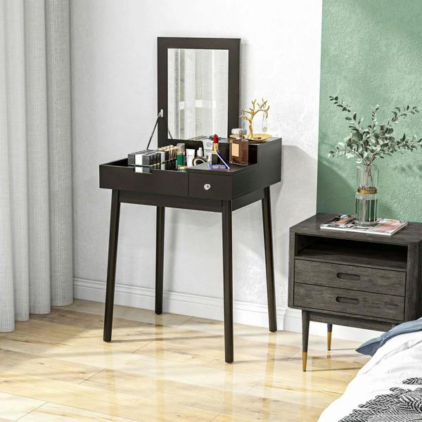 Black dressing table with flip-up mirror and two drawers on pine wood legs