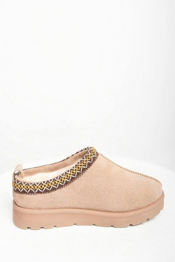 Ravina Chunky Slip On Suede Slippers With Stitch Detail - Camel