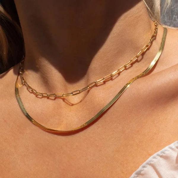 Elk & Bloom Double Chain Set - Herringbone & Paperclip Choker 14K Gold