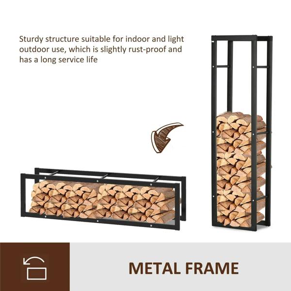 Black metal firewood log holder rack, sturdy open frame with side rails and stacked logs