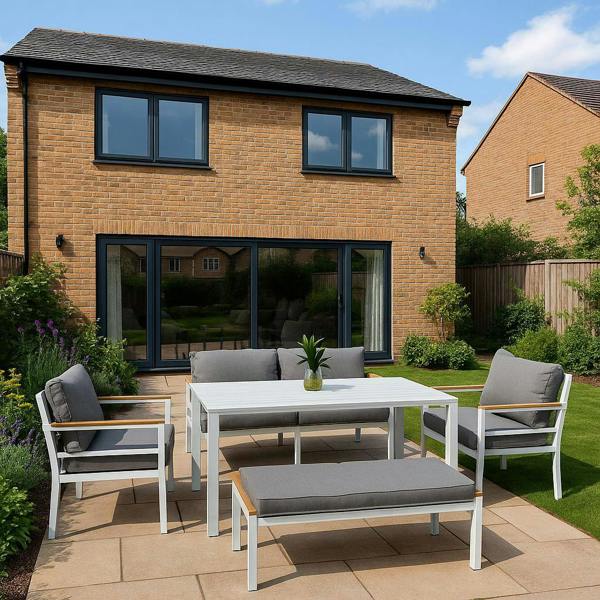 Shatchi 5-Piece Aluminium Outdoor Sofa Set with Bench, Table & Cushions