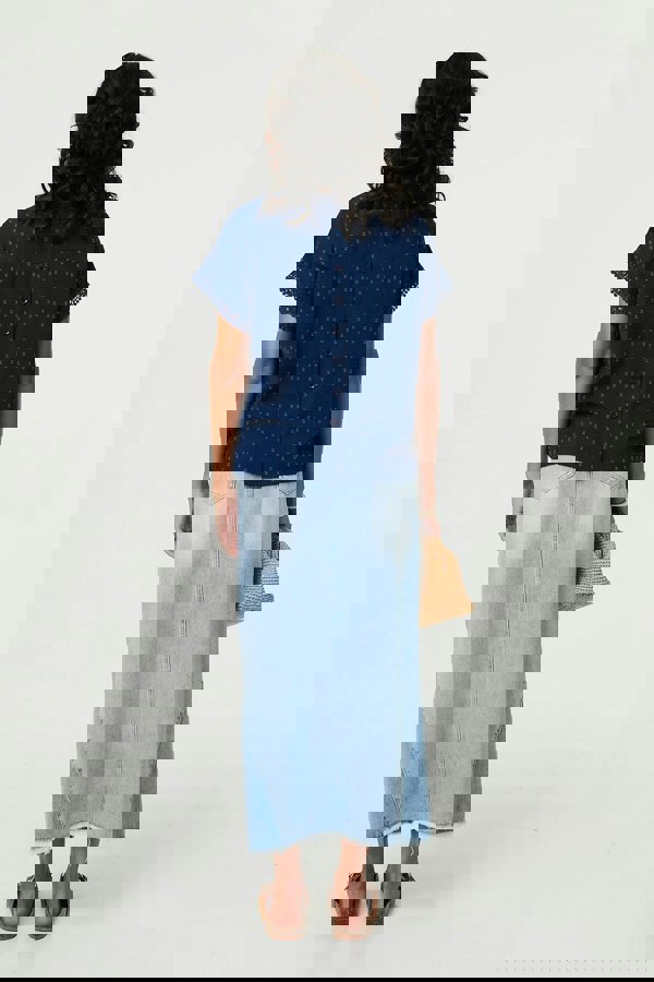 Navy | Lace Trim Short Sleeve Button Back Blouse
