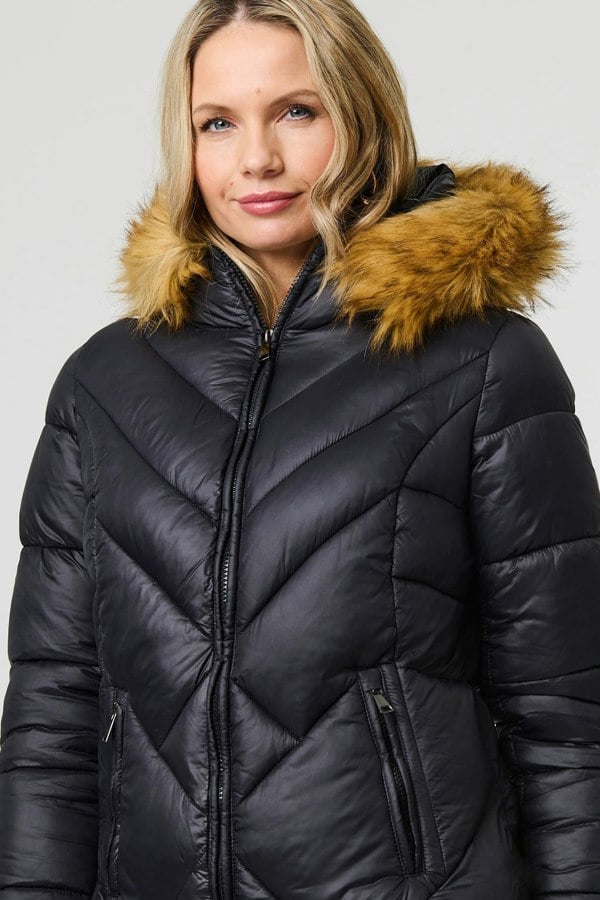 Black | Faux Fur Trim Hooded Puffer Jacket