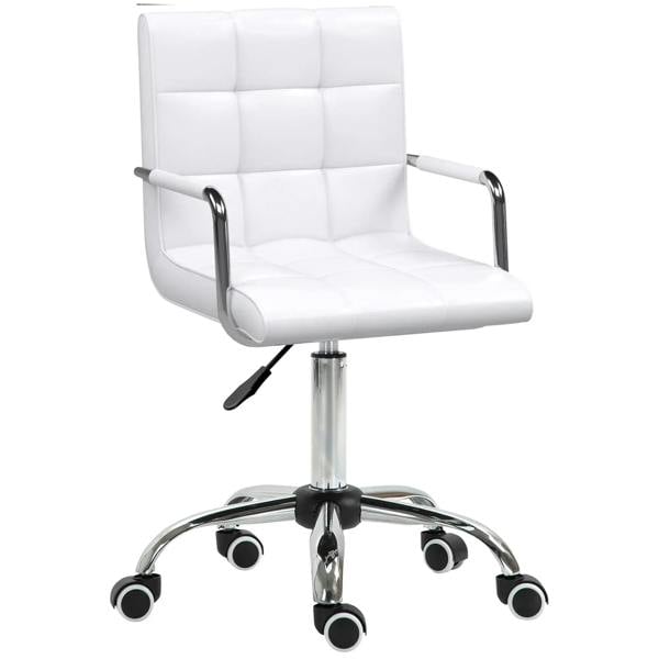 White PU leather mid-back office chair with armrests, casters, and padded seat
