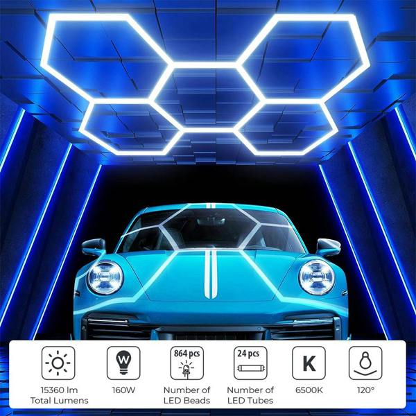 Ener-J 160W Hexagon LED Garage Ceiling Light, 24 T5 Tubes, 6500K Daylight, Modular Showroom Lighting Kit