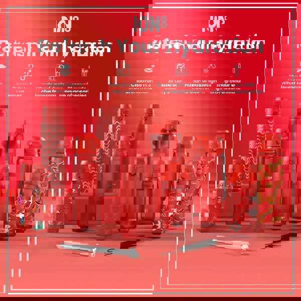 Several red ION8 water bottles of varying sizes and designs are displayed on a red surface; a straw is also present. The text reads "Refresh Your Hydration," along with details about materials, sizes, designs, and accessories.