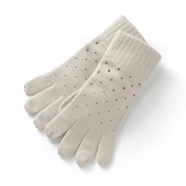 Pia Cream Knit Gloves, Silver-Tone Embellished Winter