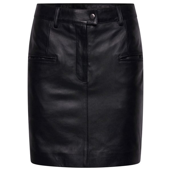 Image displays a leather skirt which is black in colour as displayed on a mannequin.