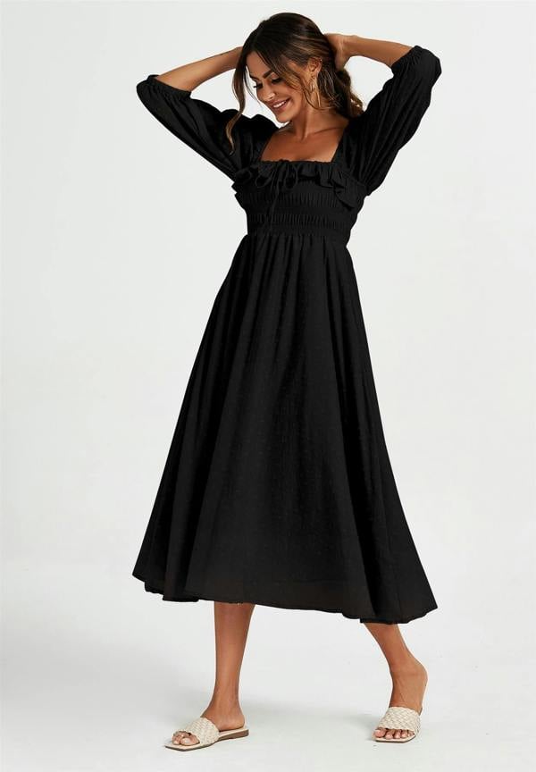 FS Collection Frill Detail Square Neckline Midi Dress In Black