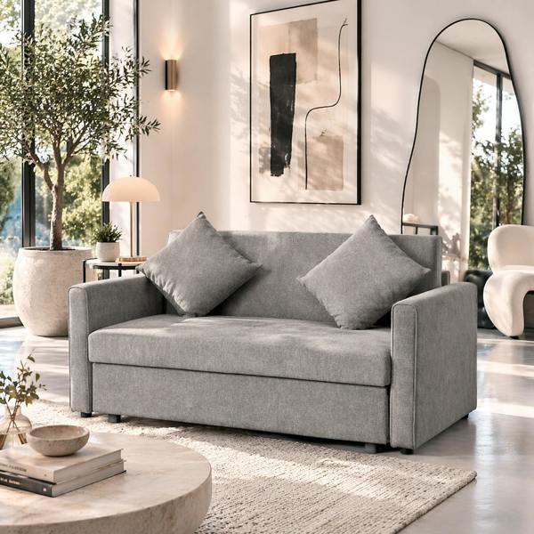 Wyld Haus Lane Mili Snow Flannel Grey 2 Seater Sofa Bed With Built In Storage