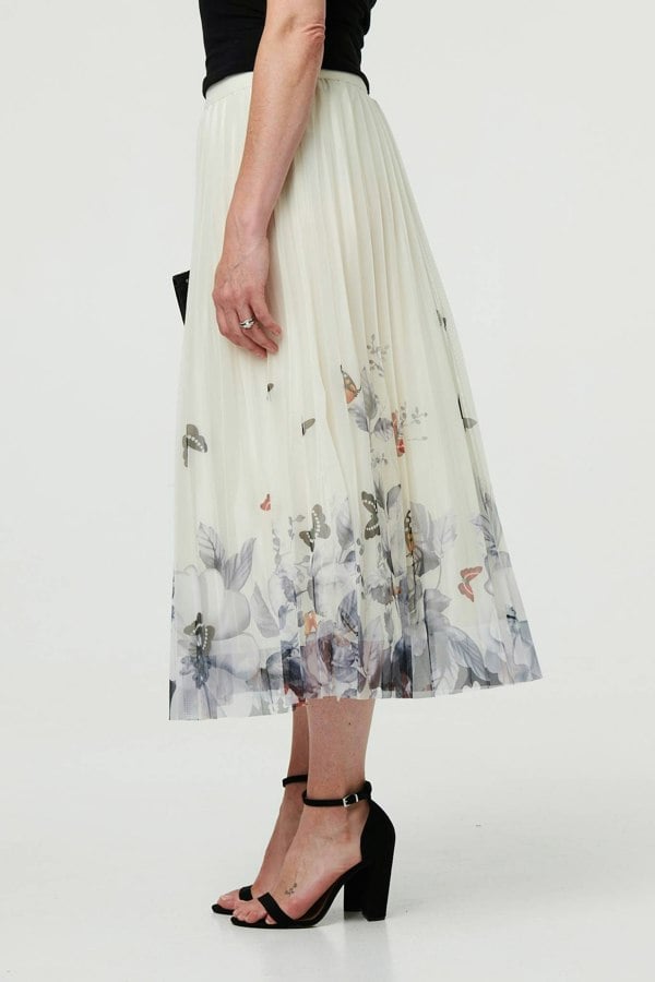 Beige | Butterfly Print Pleated Mesh Midi Skirt
