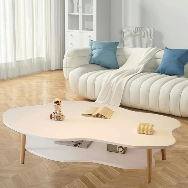 Havendro White 2-Tier Cloud Coffee Table Modern Living Room Desk with Storage Shelf