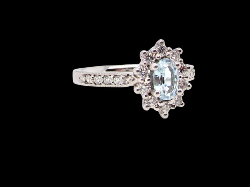 Vintage Tom Aquamarine and Diamond Cluster 18 Carat White Gold Ring