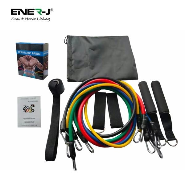 ENER-J Set of 11 Home Exercise Resistance Band With Foam Handles, Ankle Straps & Door Anchor Attachment