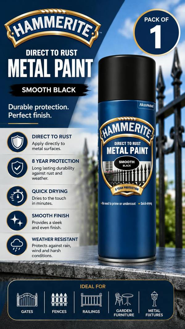 Hammerite 4X Hammerite Smooth Black Spray Paint 400ml