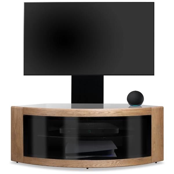 Homeology PANGEA Black/Oak Beam-Thru Curved True-Corner 32"-50" TV Cabinet with Mounting Arm