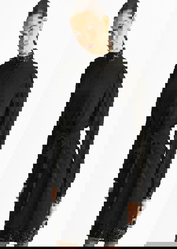 Gini London Black Sequin Trim High Neck Belted Mini Dress