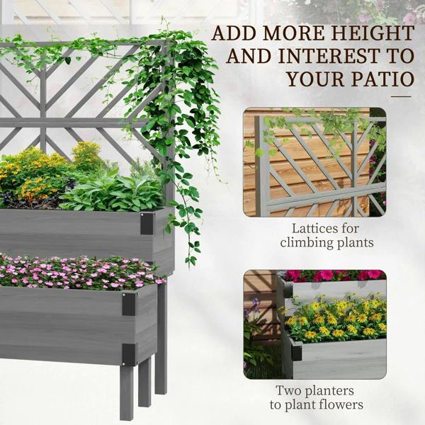 Grey 2-tier raised planter with trellis support, with flowers and climbing plants