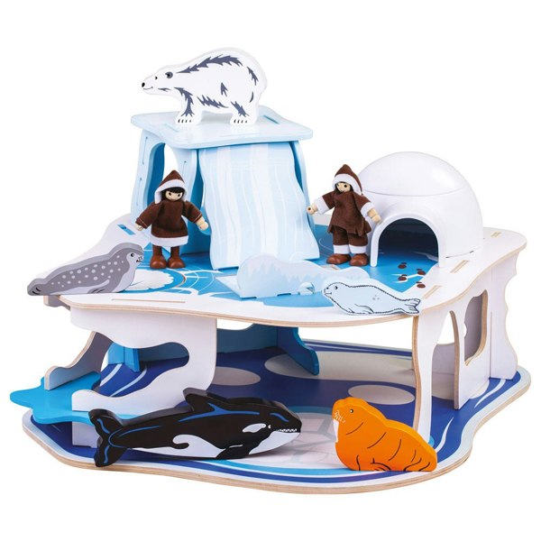 Bigjigs Toys Wooden Polar Glacier Playset - Includes 2 Inuit Figures and 5 Arctic Animals