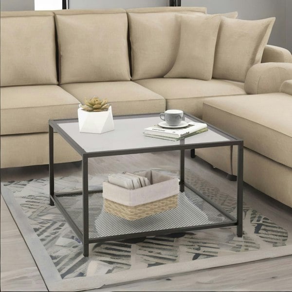 Rafaelo Mobilia 2-Tier Square Glass Coffee Table With Mesh Shelf Black
