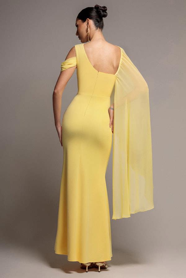 One Shoulder Chiffon Cape Crepe Maxi Dress - Butter Yellow DR4982