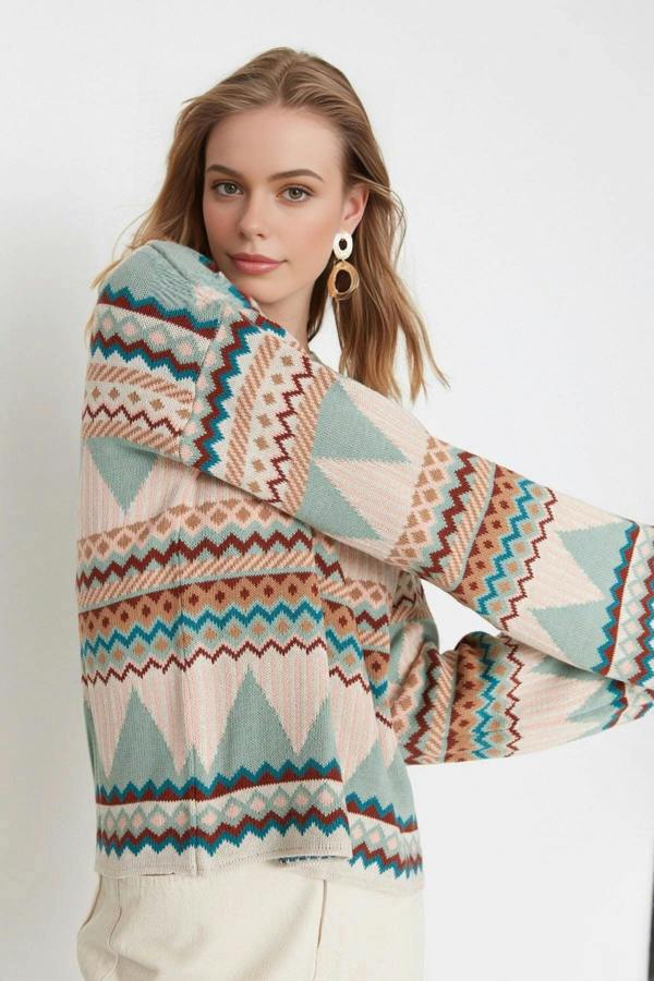 WOVCOR Ethnic Patterned Crew Neck Knit Sweater