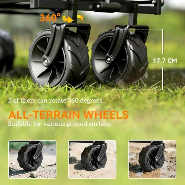 Grey folding wagon cart with all-terrain 360-degree rotating wheels