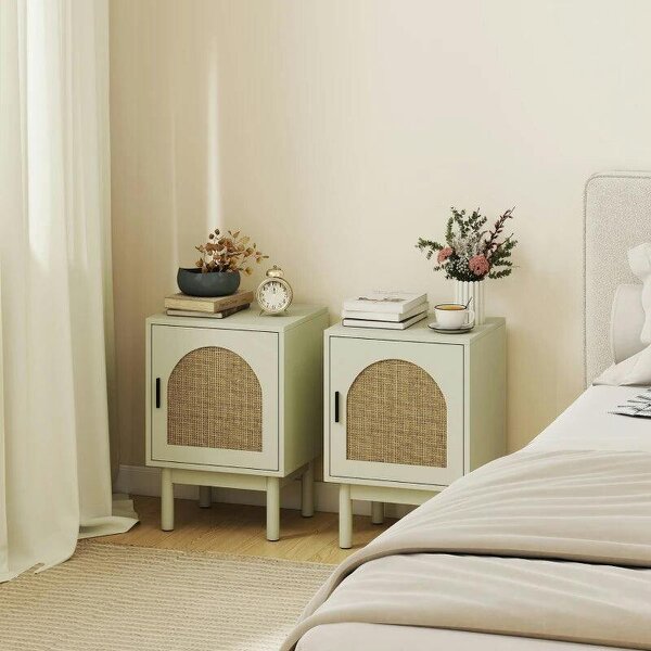 2-Piece Rattan Bedside Table for Bedroom - Light Green - Green