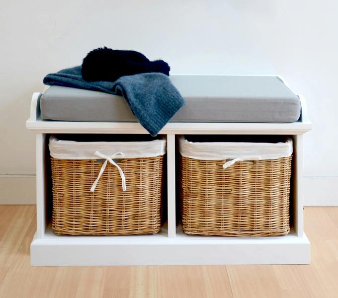 Statement Furniture Tetbury White Storage Bench with Natural Wicker Baskets and Grey Cushion