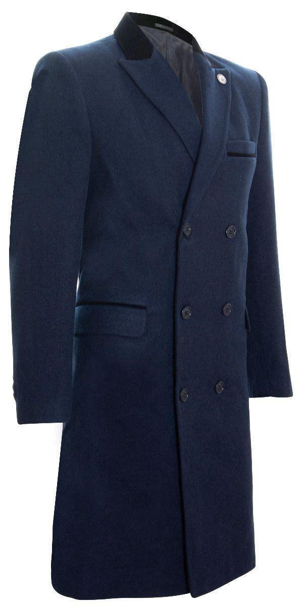 TruClothing Mens 3/4 Long Double Breasted Navy Overcoat Wool Coat Peaky Blinders