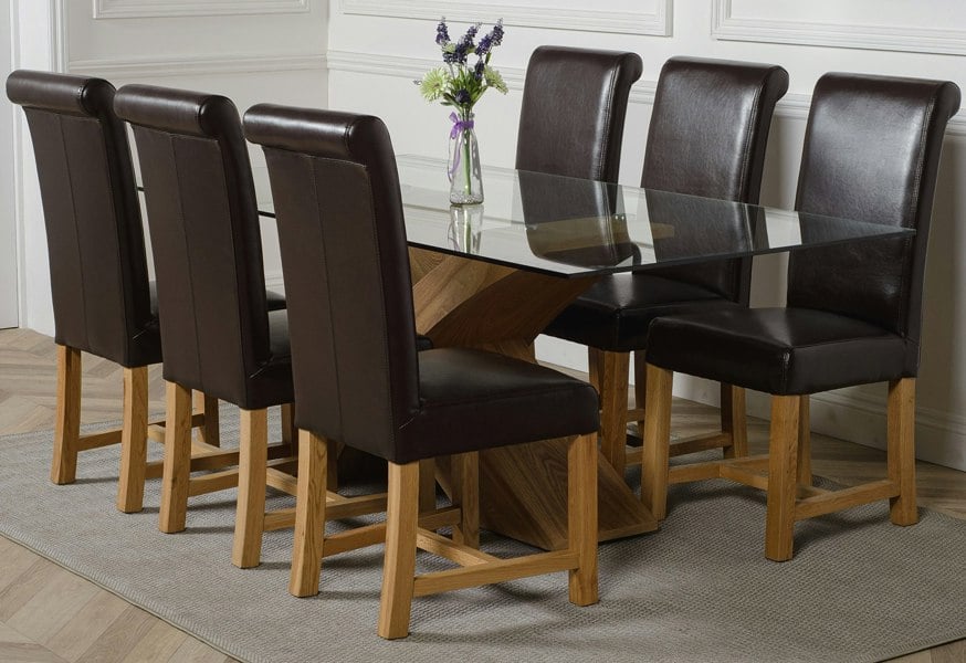 That's Furniture Valencia Oak Large Glass Dining Table & Washington Leather Chairs