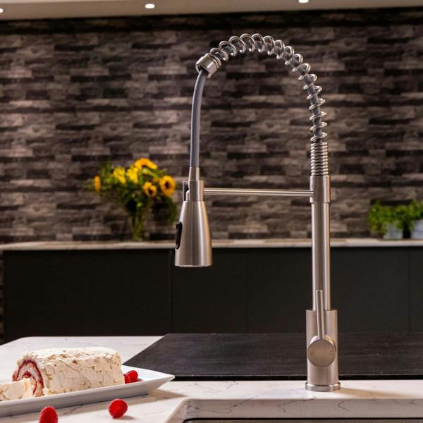 Flode Fjädra | Pull Out Kitchen Sink Mixer Tap | Spring Style Mixer Tap | Brushed Steel | Oval Head