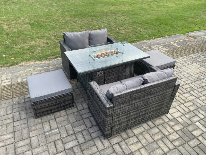 Fimous Rattan Garden Furniture Set with Gas Fire Pit Table 5 Pieces Indoor Outdoor Loveseat Sofa Set Dark Grey Mixed