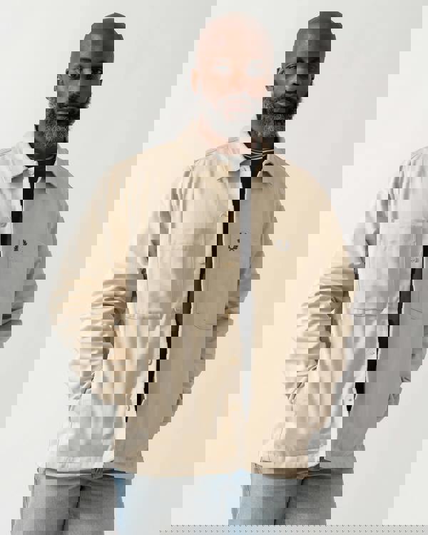 Model wearing a Fred Perry Mens Twill Overshirt in Oatmeal