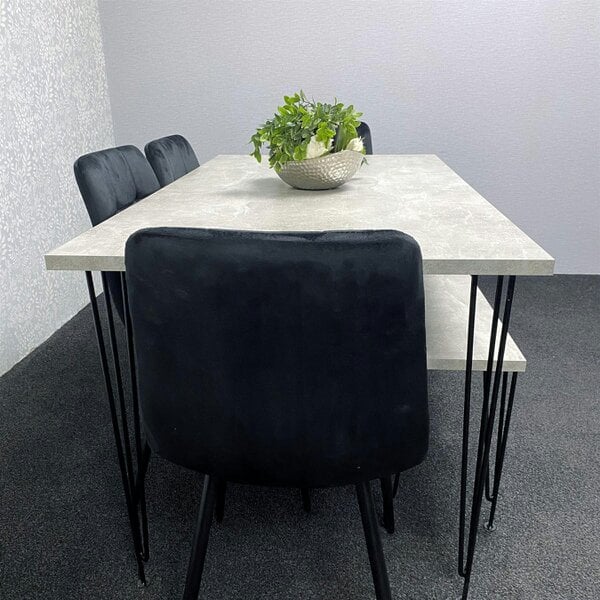 Kosy Koala Grey Dining Table with Hairpin Legs, Bench & 4 Black Velvet Chairs Set for Kitchen & Dining Room