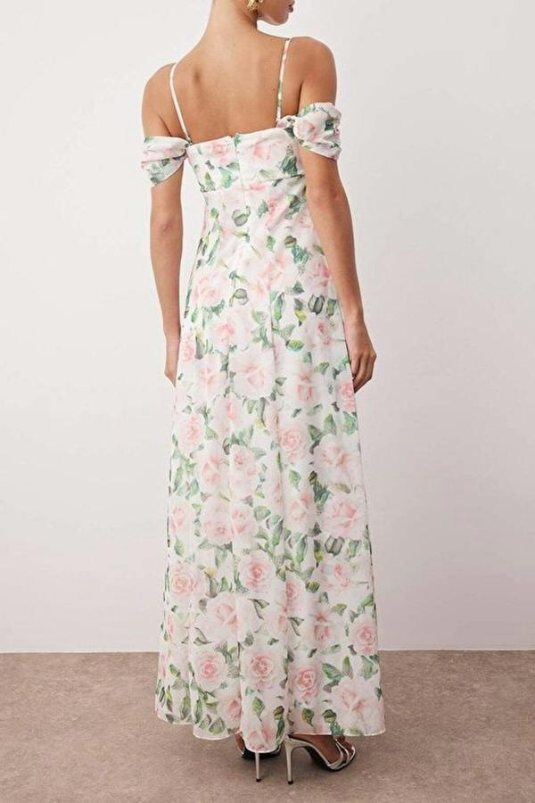 WOVCOR Floral Chiffon Woven Off-Sleeve Evening Dress
