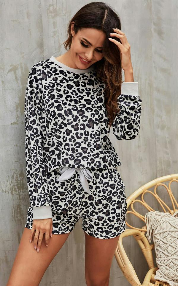FS Collection Sliver Grey Velour Loungewear Co Ord Set In Black Leopard