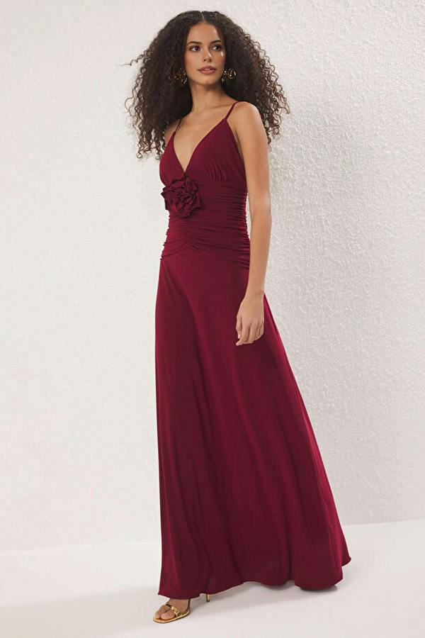 WOVCOR Elegant Maxi Knit Evening Dress with Rose Detail