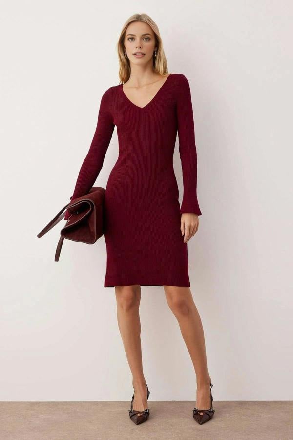 WOVCOR V-Neck Mini Bodycon Knit Dress