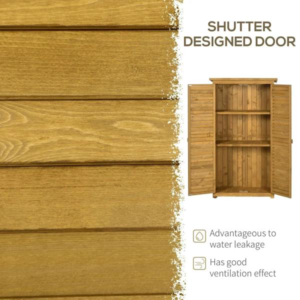 Wooden storage shed door with shutter design and latch, light wood