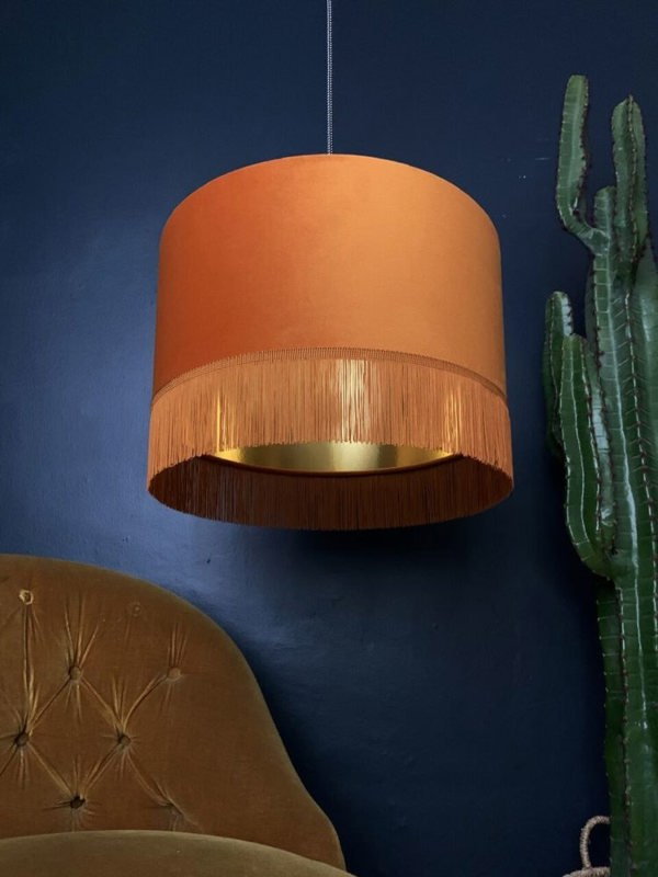 Rust Velvet Lampshade With Gold Lining And Fringing