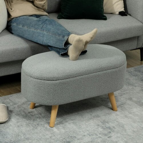 Wyld Haus Mael Boucle Light Grey Storage Ottoman Teddy Fleece Natural Wooden Legs