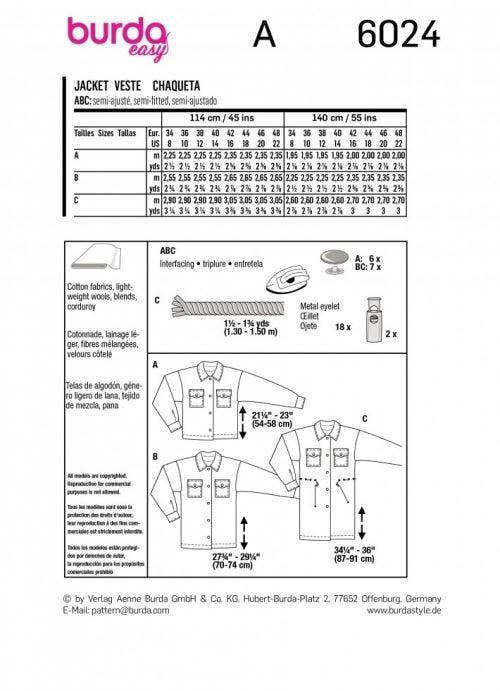 Burda Sewing Pattern 6024 Jackets For Women, 8-22 (34-48) - Easy