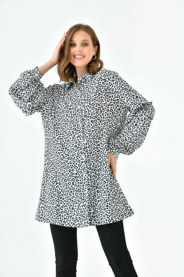 Hoxton Gal Oversized Balloon Sleeves Shirt Tunic with Leopard Print in Brown and Black