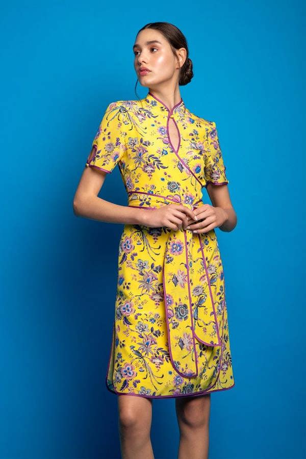 Rumour London Akiko kimono-style silk wrap dress with oriental print in yellow