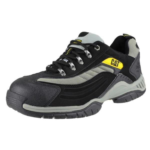 Caterpillar Moor Mens/Womens Safety Steel Toe SB Work Trainers Shoes, black and grey athletic work shoes with steel toe cap and cushioned sole.