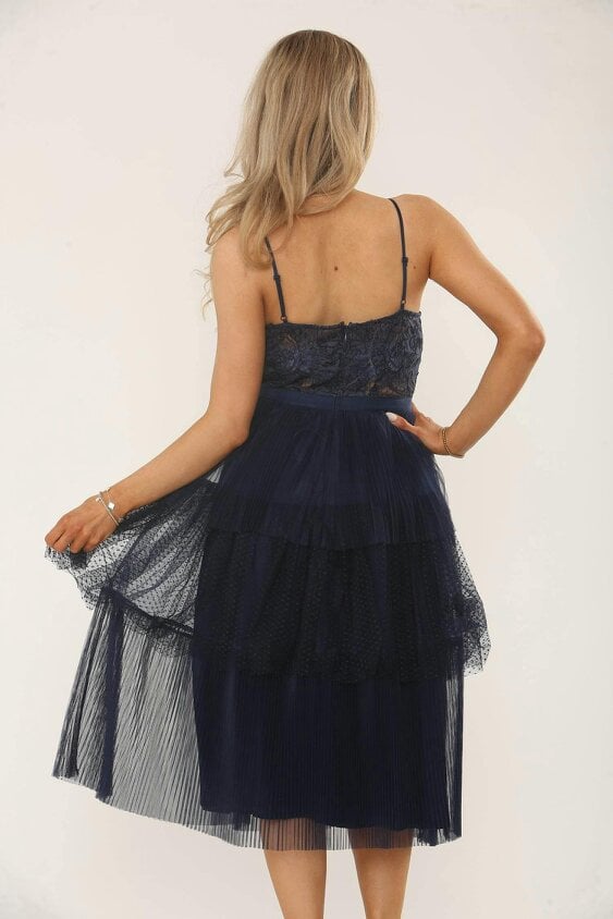 Navy Lace & Mesh Tiered Midi Dress – Elegant Occasionwear
